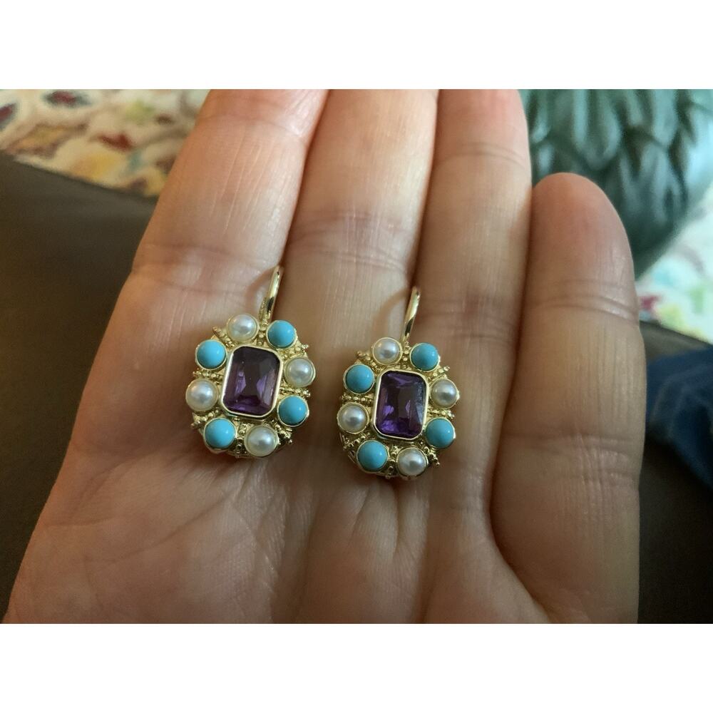 Museum Amethyst Earrings Gold Pearl Flower Turquoise Court Boho Statement VTG CZ - Picture 4 of 7
